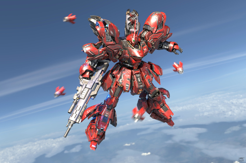 3d aaronhanart absurdres beam_rifle blue_sky char's_counterattack clouds damaged dirty emblem energy_cannon energy_gun english_commentary flying gundam highres machinery mecha mobile_suit neo_zeon no_humans photo_background realistic robot roundel sazabi science_fiction sky weapon