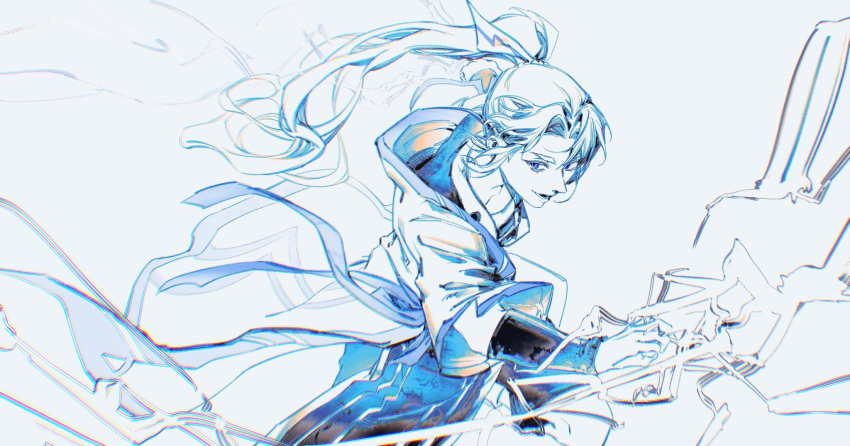 1boy blue_eyes blue_theme covered_collarbone electricity electrokinesis highres khun_edhuan lightning long_hair male_focus monochrome open_mouth parted_bangs ponytail shancunyinian smile solo teeth tower_of_god traditional_clothes
