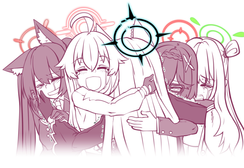 5girls ahoge animal_ear_fluff animal_ears ayane_(blue_archive) black_dress black_gloves blue_archive crying dress from_behind glasses gloves group_hug hair_bun halo highres hoshino_(blue_archive) hug long_hair multiple_girls nonomi_(blue_archive) school_uniform serika_(blue_archive) shiroko_(blue_archive) shiroko_(terror)_(blue_archive) short_hair single_side_bun tears twintails white_background zergling_(cdror1004)