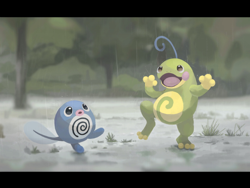 :d black_eyes blurry blurry_background bright_pupils brown_eyes commentary_request day depth_of_field happy highres leg_up open_mouth outdoors pokemon pokemon_(creature) politoed poliwag rain smile standing standing_on_one_leg tongue tree white_pupils zai_(3333333333353pk)