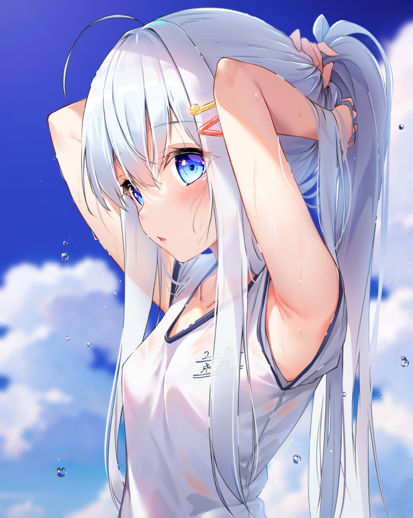 1girl armpits blue_eyes blue_sky blush buruma clouds gym_uniform hairpin looking_at_viewer original sweat sweating white_hair