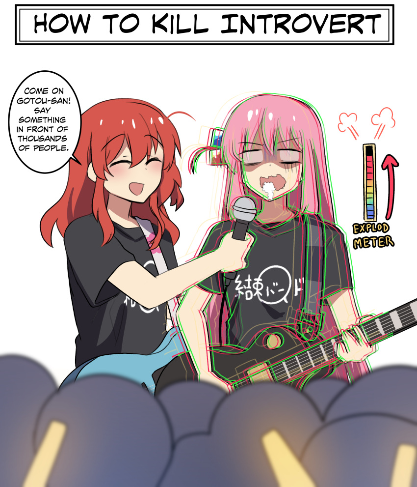 2girls =3 absurdres black_shirt blurry bocchi_the_rock! closed_eyes commentary crowd cube_hair_ornament depth_of_field empty_eyes english_commentary english_text foaming_at_the_mouth glowstick gotou_hitori guitar hair_between_eyes hair_ornament highres hinghoi holding holding_instrument holding_microphone instrument kita_ikuyo long_hair microphone multiple_girls nervous one_side_up open_mouth pink_hair redhead scared shaded_face shirt short_sleeves sidelocks simple_background speech_bubble trembling v-shaped_eyebrows very_long_hair wavy_hair wavy_mouth white_background