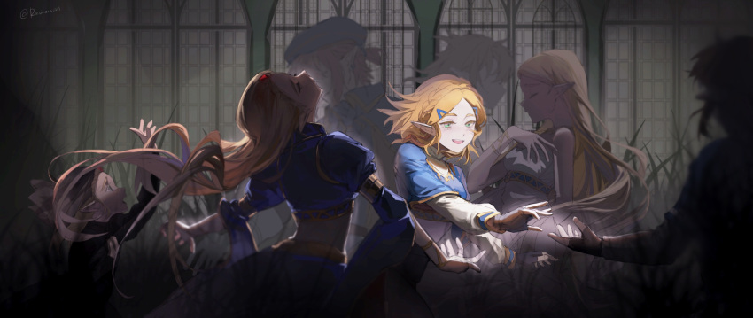 3boys 4girls absurdres blonde_hair fingerless_gloves gloves green_eyes hair_ornament highres ji_yuyun link long_hair looking_at_another multiple_boys multiple_girls open_mouth pointy_ears princess_zelda the_legend_of_zelda the_legend_of_zelda:_breath_of_the_wild