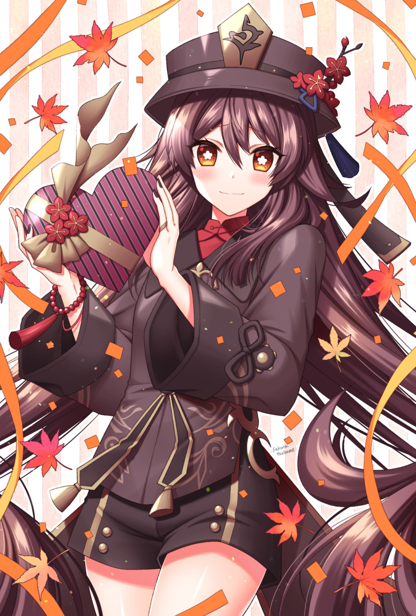 1girl autumn_leaves black_shorts blush box brown_eyes brown_hair brown_headwear brown_jacket closed_mouth commentary_request flower flower-shaped_pupils genshin_impact gift gift_box hat hat_flower highres holding holding_gift hu_tao_(genshin_impact) jacket leaf long_hair long_sleeves looking_at_viewer maple_leaf red_flower red_shirt sakura_tsubame shirt short_shorts shorts smile solo striped striped_background symbol-shaped_pupils vertical_stripes very_long_hair wide_sleeves