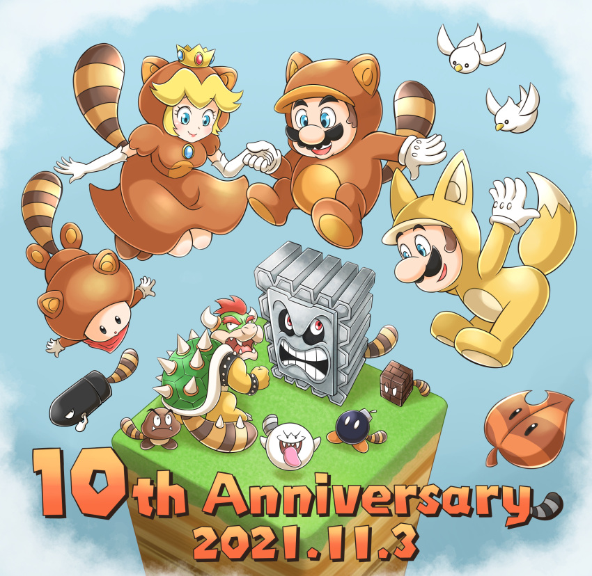 1girl 4boys :d :o animal_costume animal_ears animal_hood anniversary aogaeru_(pixiv46613656) armlet bandana bird black_eyes blonde_hair blue_eyes blush bob-omb boo_(mario) bowser bracelet brown_dress brown_hair bullet_bill closed_mouth commentary_request dated dress elbow_gloves eyelashes facial_hair fake_block_(mario) fangs fox_ears fox_hood fox_tail ghost gloves goomba grass highres holding_hands hood hood_up horns jewelry looking_down looking_up luigi mario multiple_boys mustache open_mouth princess_peach puffy_short_sleeves puffy_sleeves raccoon_ears raccoon_hood raccoon_tail red_bandana red_eyes redhead sharp_teeth short_sleeves smile spiked_armlet spiked_bracelet spiked_shell spiked_tail spikes super_leaf super_leaf_(transformation) super_mario_3d_land super_mario_bros. tail teeth thwomp toad_(mario) tongue tongue_out turtle_shell tusks v-shaped_eyebrows white_gloves
