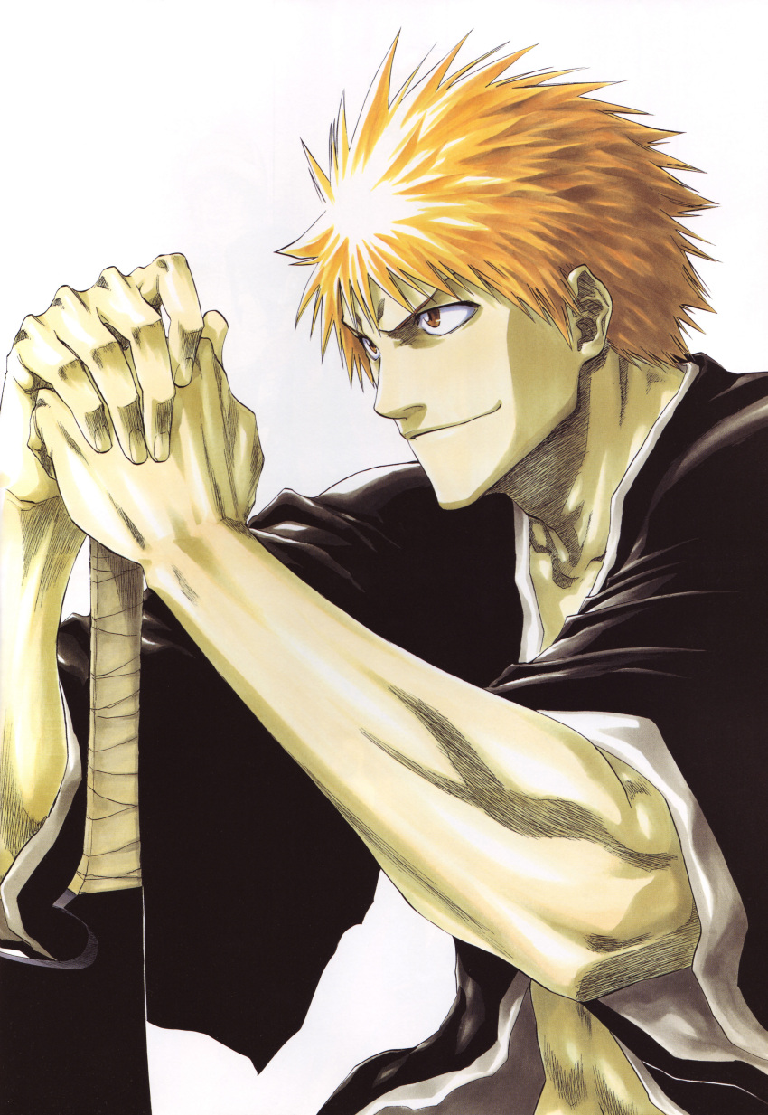 1boy absurdres bleach bleed_through brown_eyes closed_mouth facing_to_the_side from_side hand_on_sword highres kurosaki_ichigo looking_away looking_to_the_side male male_focus official_art orange_hair short_hair simple_background solo spiked_hair tite_kubo upper_body white_background