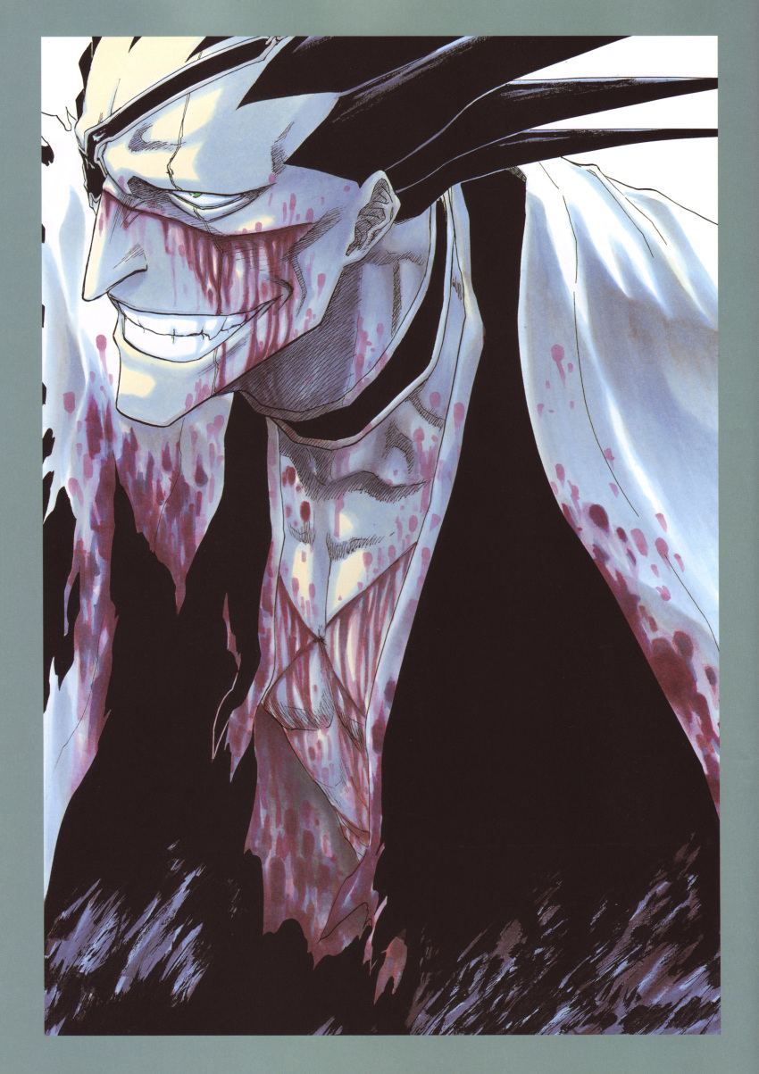 1boy absurdres black_hair bleach blood blood_on_clothes blood_on_face facing_to_the_side green_eyes grin highres male male_focus official_art solo teeth tite_kubo upper_body zaraki_kenpachi