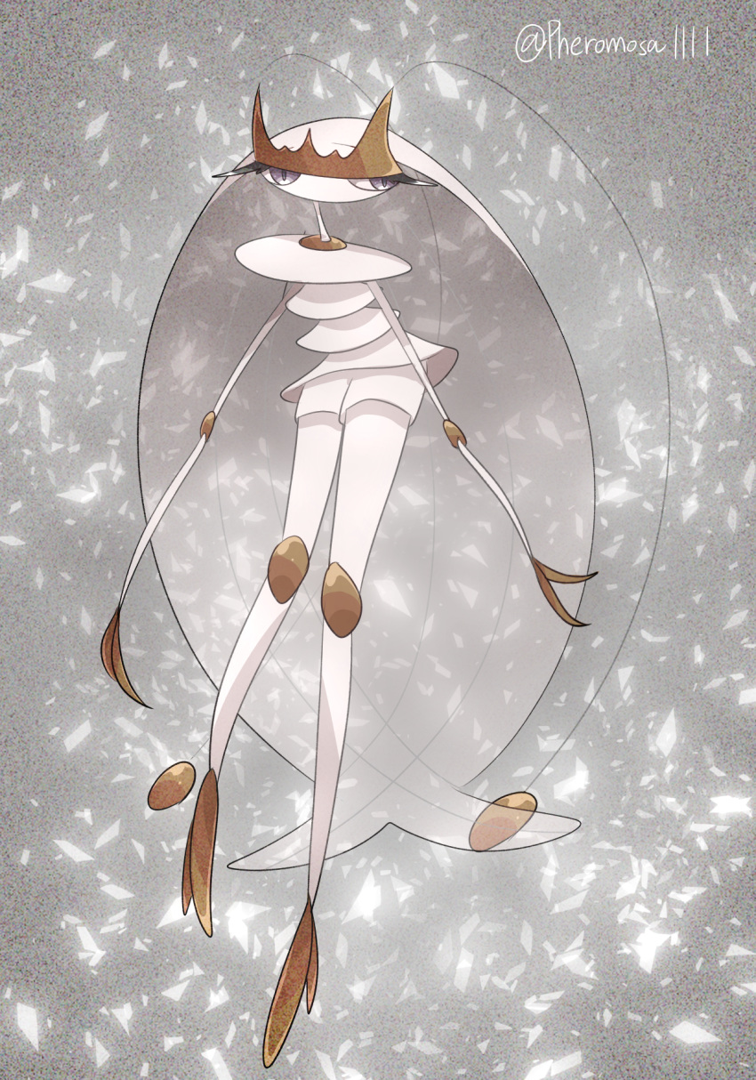 1girl a-nya animal_feet animal_hands antennae arthropod_girl arthropod_limbs artist_name blue_pupils colored_skin commentary_request full_body furry furry_female grey_background highres legs long_hair long_legs looking_at_viewer no_mouth partial_commentary pheromosa pokemon pokemon_(creature) signature solo standing translucent_hair transparent twitter_username very_long_hair violet_eyes white_hair white_skin