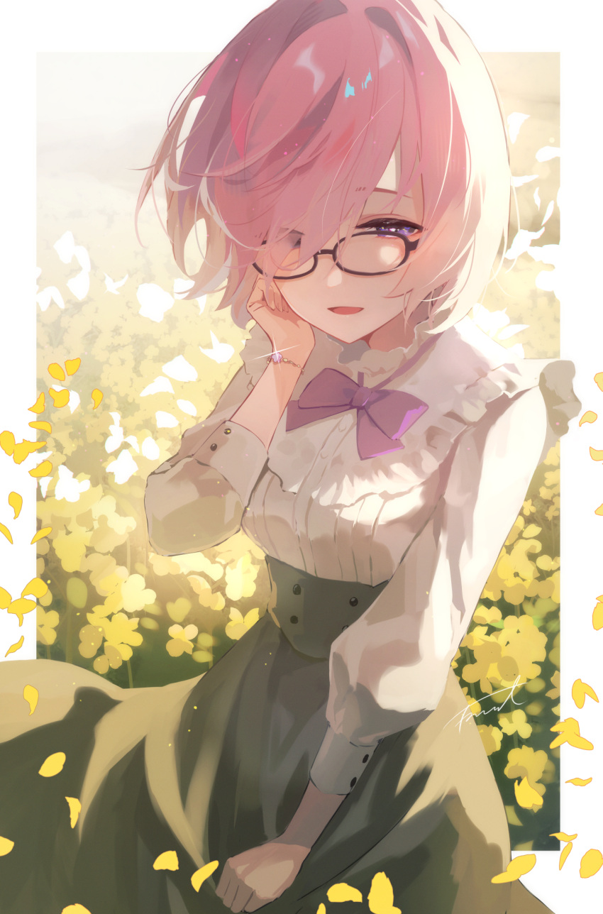 1girl alternate_costume black-framed_eyewear bow bowtie buttons commentary_request fate/grand_order fate_(series) field floating_hair flower flower_field fomnant glasses grey_skirt hair_over_one_eye high-waist_skirt highres jewelry light_purple_hair long_sleeves looking_at_viewer mash_kyrielight open_mouth petals purple_bow purple_bowtie shirt short_hair signature skirt smile solo violet_eyes white_shirt yellow_flower