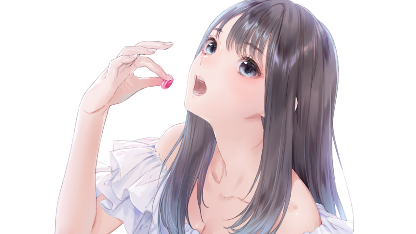1girl absurdres bare_shoulders black_hair blue_reflection blue_reflection_sun candy dress food grey_eyes highres holding holding_candy holding_food kishida_mel long_hair looking_at_viewer off-shoulder_dress off_shoulder open_mouth simple_background solo teeth upper_body white_background white_day white_dress xiao_meiqi