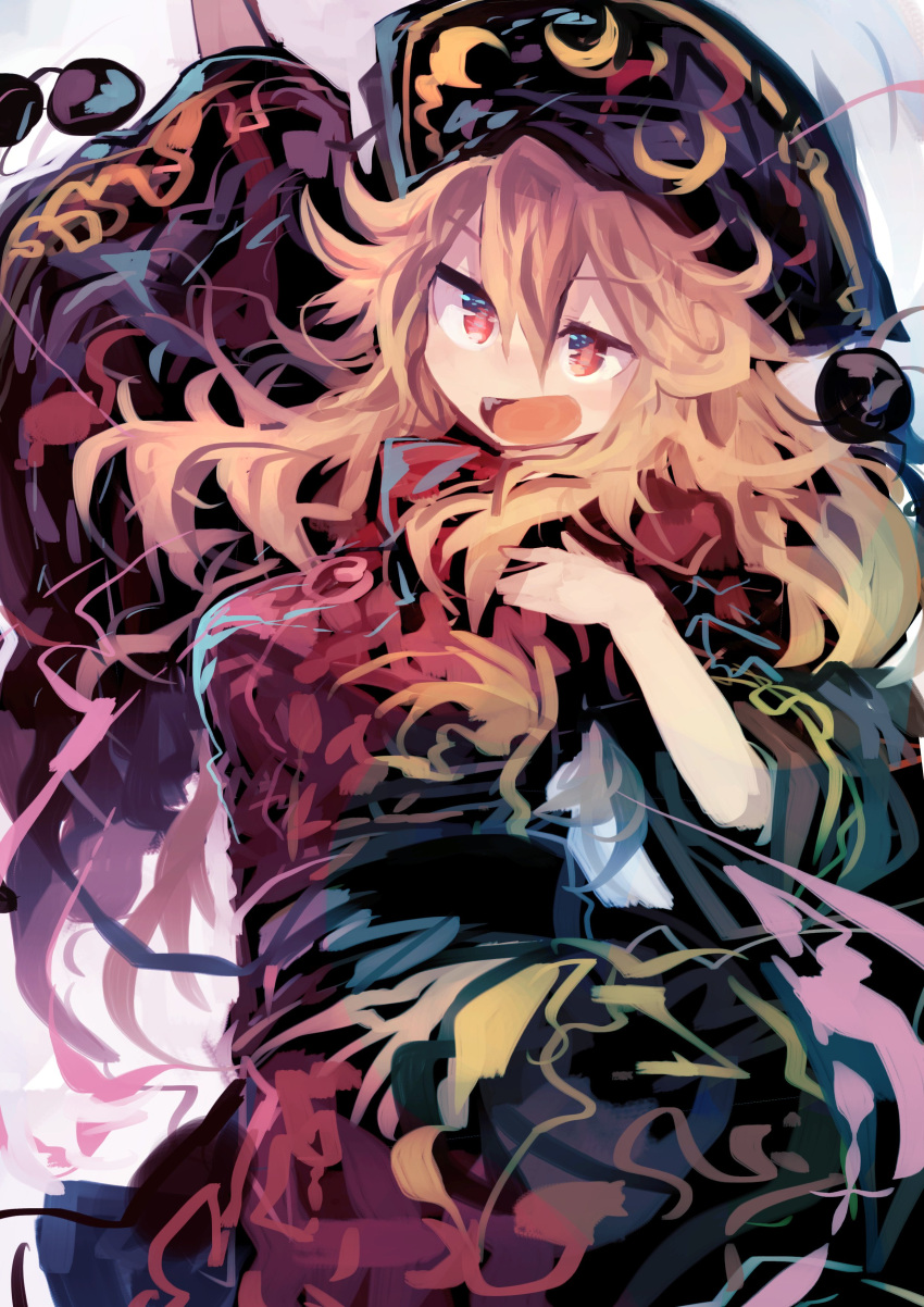 1girl absurdres arm_up belt black_belt black_dress black_headwear blonde_hair breasts chinese_clothes crescent crescent_print dress fang hair_between_eyes hand_on_own_chest hands_up hat highres junko_(touhou) kaamin_(mariarose753) long_hair long_sleeves looking_away mandarin_collar medium_breasts one-hour_drawing_challenge open_mouth phoenix_crown pom_pom_(clothes) red_eyes red_tabard simple_background smile solo standing tabard tongue touhou white_background wide_sleeves