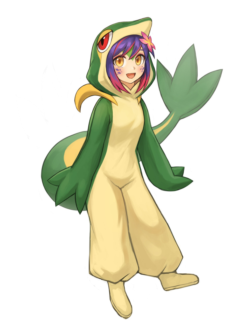 1girl :d absurdres cosplay flower freckles full_body hair_between_eyes hair_flower hair_ornament highres kigurumi league_of_legends multicolored_hair neeko_(league_of_legends) open_mouth pink_flower purple_hair redhead simple_background smile snivy snivy_(cosplay) solo sookmo two-tone_hair white_background yellow_eyes