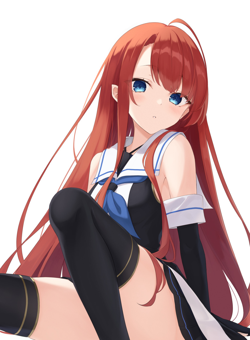 1girl absurdres alternate_hairstyle artist_request black_thighhighs blue_eyes elbow_gloves gloves highres kantai_collection kawakaze_(kancolle) long_hair redhead sailor_collar simple_background sitting sleeveless solo thigh-highs very_long_hair
