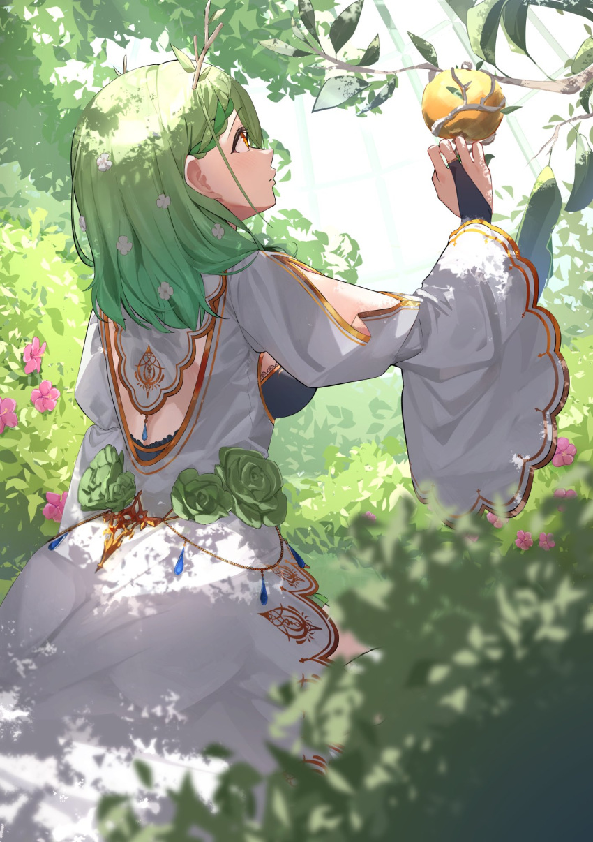 1girl apple ass braid branch breasts ceres_fauna dress flower flower_ornament food forest from_behind fruit golden_apple green_hair highres hololive hololive_english horns huge_ass large_breasts leaf looking_up loose_clothes medium_hair nanashita_shiki nature plant reaching tree white_dress wide_hips wide_sleeves