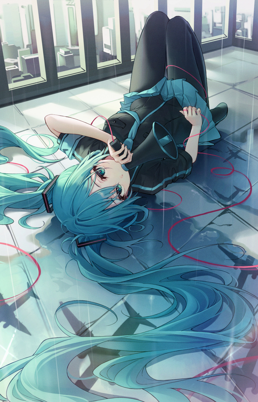 1girl absurdres aircraft airplane aqua_eyes aqua_hair aqua_necktie aqua_skirt black_shirt bow breast_pocket breasts cable commentary dangmyo full_body hair_ornament hatsune_miku highres holding holding_megaphone knees_up koi_wa_sensou_(vocaloid) long_hair looking_at_viewer lying medium_breasts megaphone miku_day necktie on_back outdoors pantyhose pleated_skirt pocket puddle rain red_bow reflection reflective_water revision rooftop shirt short_sleeves skirt solo twintails very_long_hair vocaloid