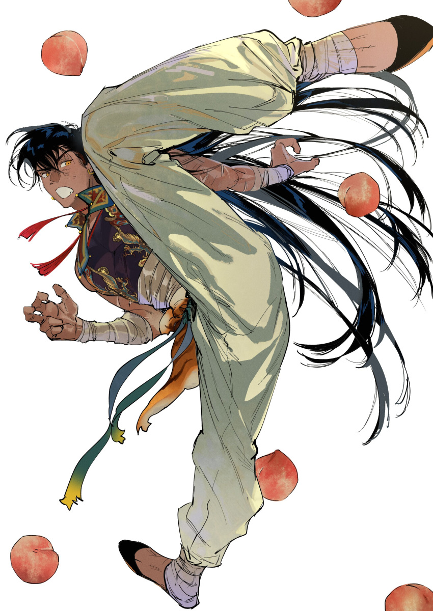 1boy absurdres arm_wrap atie1225 baggy_pants black_footwear black_hair chinese_clothes chinese_commentary dark-skinned_male dark_skin earrings fang food fruit full_body high_kick highres jewelry kicking leg_wrap long_hair looking_at_viewer male_focus mandarin_collar open_mouth original pants peach sarashi scar scar_on_arm simple_background sleeveless solo standing very_long_hair white_background yellow_eyes