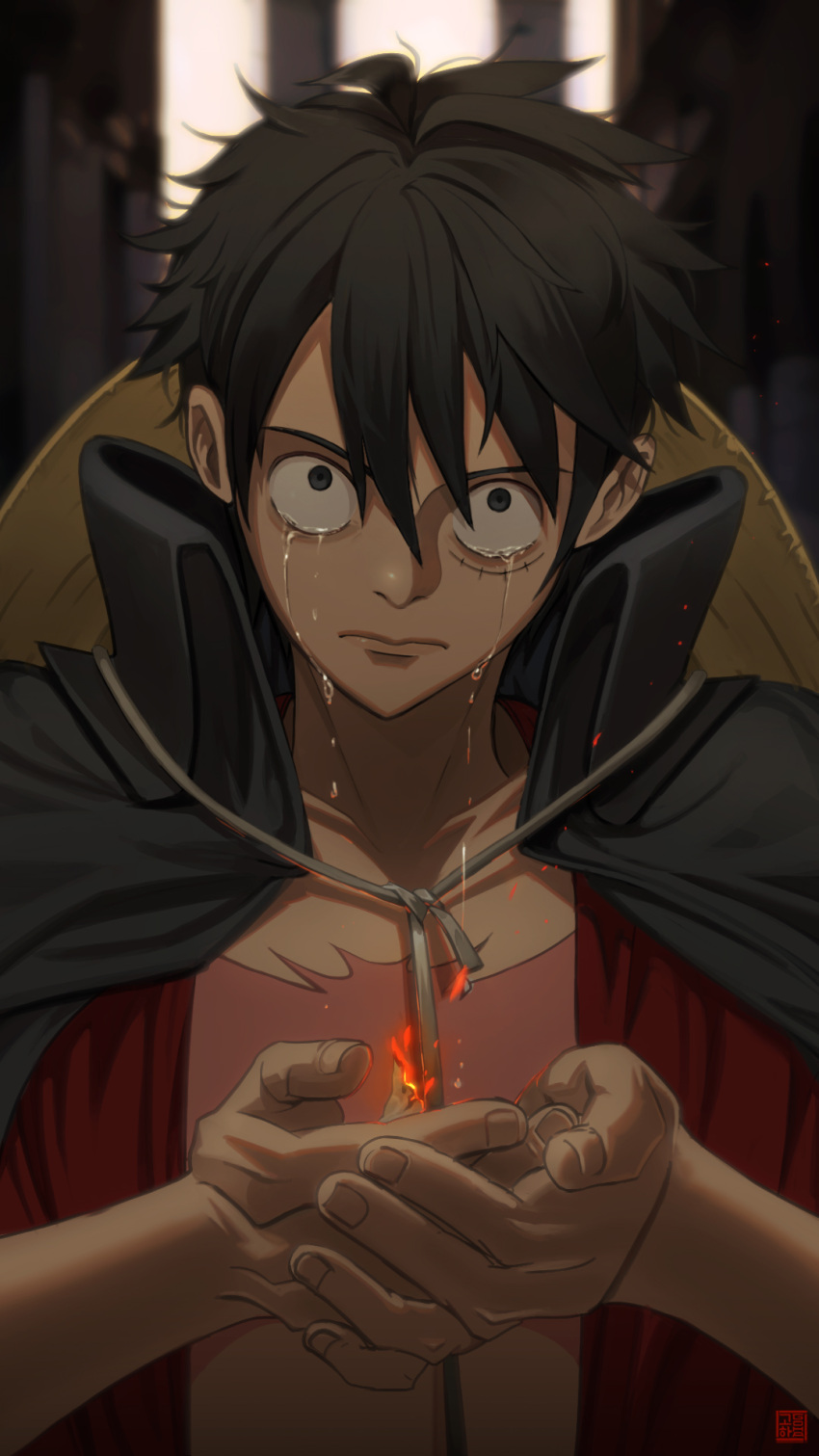 1boy black_eyes black_hair closed_mouth commentary_request crying crying_with_eyes_open embers hair_between_eyes hat_on_back highres monkey_d._luffy one_piece sanpaku scar scar_on_chest short_hair star_goha tears