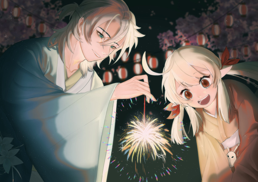 1boy 1girl absurdres ahoge albedo_(genshin_impact) alternate_costume blonde_hair blue_eyes blurry blurry_background cherry_blossoms cisforchildecm festival floral_print genshin_impact hair_between_eyes highres holding_fireworks japanese_clothes kimono klee_(genshin_impact) looking_at_another low_twintails night open_mouth pointy_ears red_eyes short_ponytail sidelocks smile twintails upper_body yukata