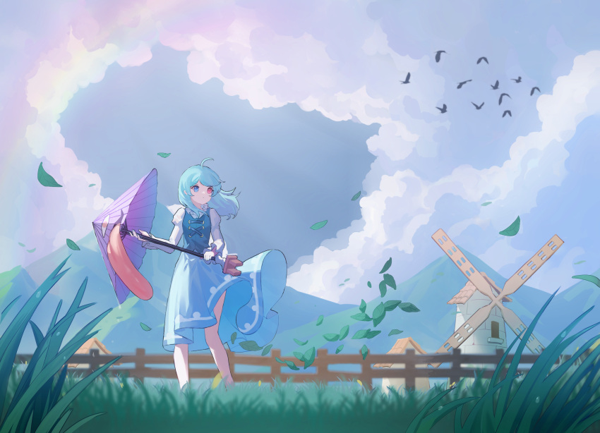 1girl ahoge animal aqua_skirt aqua_vest bird blue_eyes blue_hair closed_mouth clouds cloudy_sky day fence floating_hair grass heterochromia highres holding karakasa_obake leaf long_sleeves medium_hair rainbow red_eyes shirt skirt sky solo tatara_kogasa touhou tsuki_lyj umbrella white_shirt windmill wooden_fence