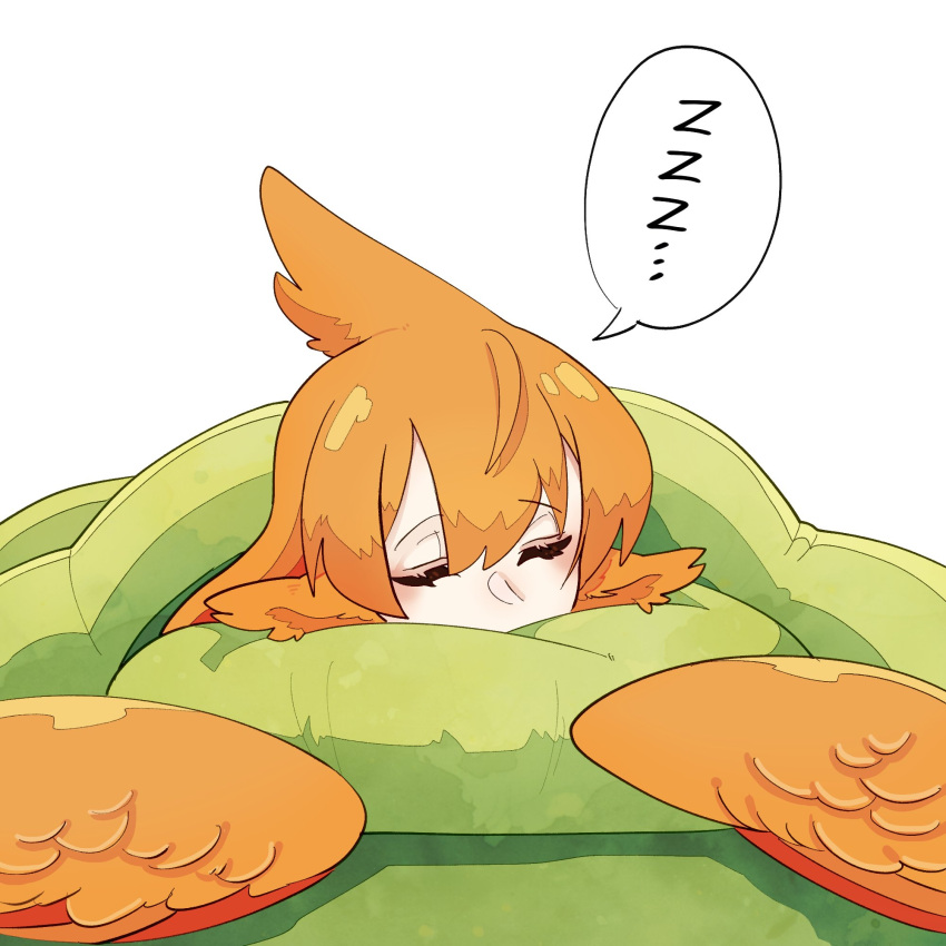 1girl animal_ears bird_ears blush closed_eyes face_down harpy highres long_hair monster_girl on_bed orange_feathers orange_hair orange_wings original pillow second-party_source sleeping solo spoken_zzz urotori white_background zzz