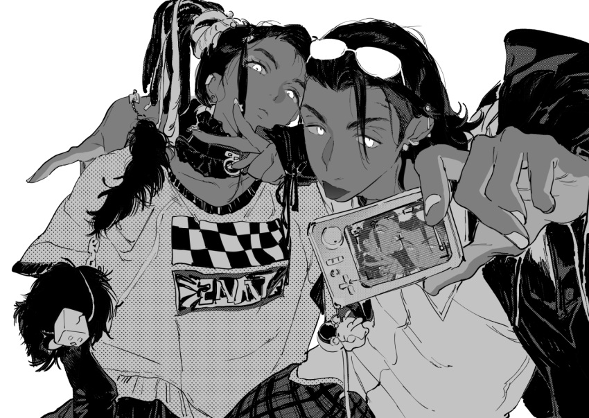 1boy 1girl atie1225 black_hair bracelet charm_(object) checkered_clothes choker closed_mouth collared_shirt dark-skinned_male dark_skin dreadlocks ear_piercing earrings eyewear_on_head frilled_choker frills goomy greyscale hair_ornament hand_up head_tilt holding jewelry keychain long_hair looking_at_viewer monochrome nessa_(pokemon) object_request piercing plaid poke_ball pokemon pokemon_(game) pokemon_swsh raihan_(pokemon) shirt short_hair short_sleeves simple_background sunglasses t-shirt tongue tongue_out upper_body v white_background