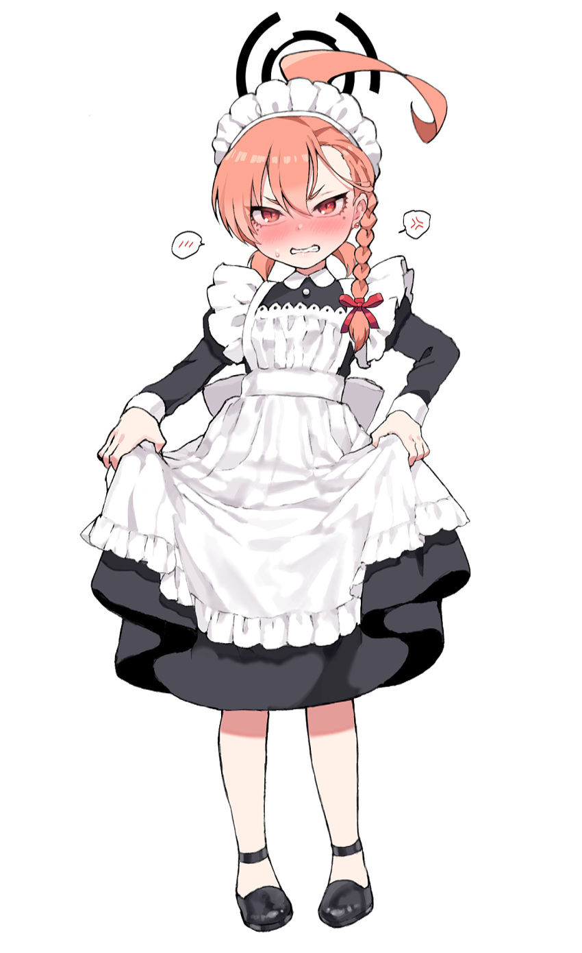 1girl ahoge alternate_costume alternate_hairstyle anger_vein apron black_footwear blue_archive blush bow braid clothes_lift commentary_request earrings embarrassed full_body hair_between_eyes hair_bow hair_ribbon halo highres jewelry long_sleeves looking_at_viewer maid maid_apron maid_headdress neru_(blue_archive) red_eyes redhead ribbon shigeta shoes short_hair sidelocks simple_background single_braid sketch skirt skirt_lift solo spoken_anger_vein spoken_blush standing tri_tails victorian_maid white_background