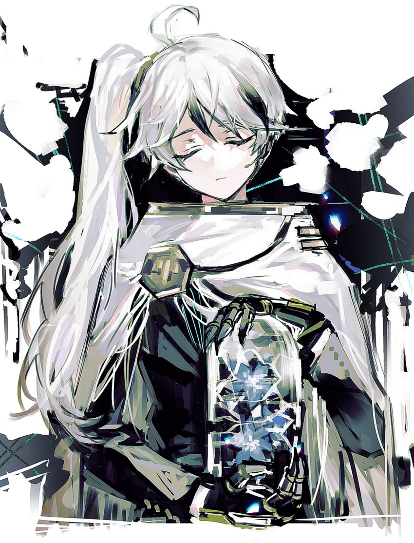 1boy ahoge black_jacket blue_flower cape closed_eyes closed_mouth earpiece flower gauntlets highres jacket library_of_ruina long_hair long_sleeves microphone multicolored_hair otoko_no_ko project_moon remsrar side_ponytail solo streaked_hair vase very_long_hair white_background white_cape white_hair yan_vismok