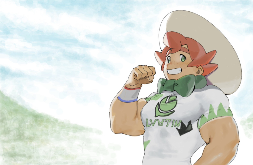 1boy bow clenched_hand commentary_request day dynamax_band freckles green_bow green_eyes grin hand_up hat highres male_focus milo_(pokemon) outdoors pokemon pokemon_(game) pokemon_swsh shirt short_hair short_sleeves smile solo syo_chikubai teeth upper_body white_headwear white_shirt