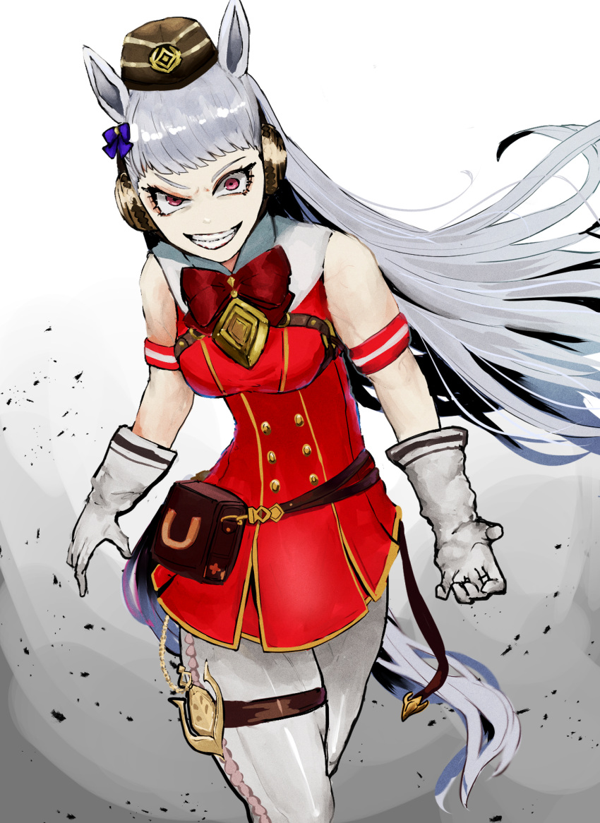 1girl adeshi_(adeshi0693119) animal_ears armband arms_at_sides bag bare_shoulders blunt_bangs bow bowtie chest_harness dress ear_bow ear_covers evil_grin evil_smile eyelashes floating_hair gloves gold_ship_(umamusume) grey_hair grin harness hat highres horse_ears horse_girl horse_tail long_hair looking_at_viewer pale_skin pantyhose pillbox_hat pink_eyes short_dress sleeveless sleeveless_dress smile solo tail teeth thigh_strap umamusume v-shaped_eyebrows very_long_hair walking