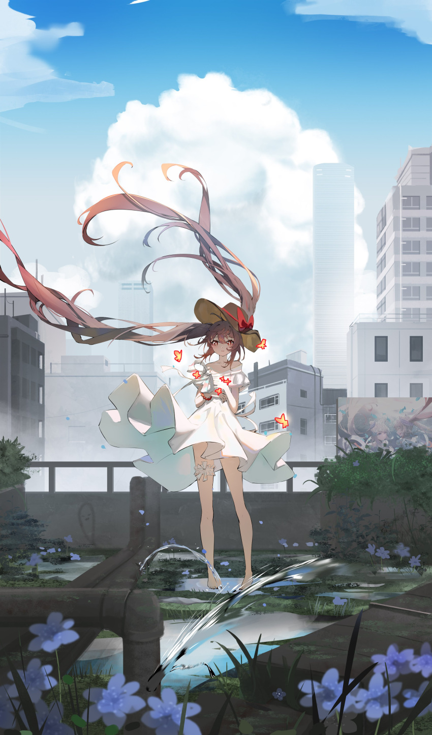 1girl absurdres bare_shoulders barefoot black_nails blue_flower blue_sky blush bow bracelet brown_hair brown_headwear bug building butterfly butterfly_wings city clouds cloudy_sky collarbone day dress fingernails flower flower-shaped_pupils flying full_body genshin_impact grass hair_between_eyes hands_up hat hat_bow highres hu_tao_(genshin_impact) jewelry leaf long_fingernails long_hair looking_to_the_side nail_polish off-shoulder_dress off_shoulder open_mouth outdoors qixia red_bow red_eyes short_sleeves sidelocks sky skyscraper solo standing symbol-shaped_pupils teeth toenail_polish toenails twintails water white_bow white_dress wings