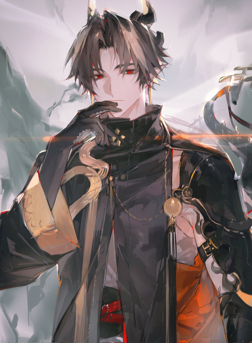 1boy arknights black_hair black_skin chong_yue_(arknights) closed_mouth colored_skin dragon_boy dragon_horns dragon_tail earrings fei45606502 grey_hair highres horns jewelry looking_at_viewer male_focus multicolored_hair multicolored_skin pointy_ears red_eyes solo tail upper_body