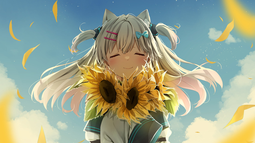 1girl animal_ear_fluff animal_ears blue_bow blue_sky bow cat_ears closed_eyes closed_mouth clouds day facing_viewer flower grey_hair hair_bow hair_ornament hairclip highres indie_virtual_youtuber jacket long_hair long_sleeves natsume_eri natsume_eri_(vtuber) object_hug outdoors petals sky sleeves_past_fingers sleeves_past_wrists solo sunflower two_side_up virtual_youtuber white_jacket yellow_flower