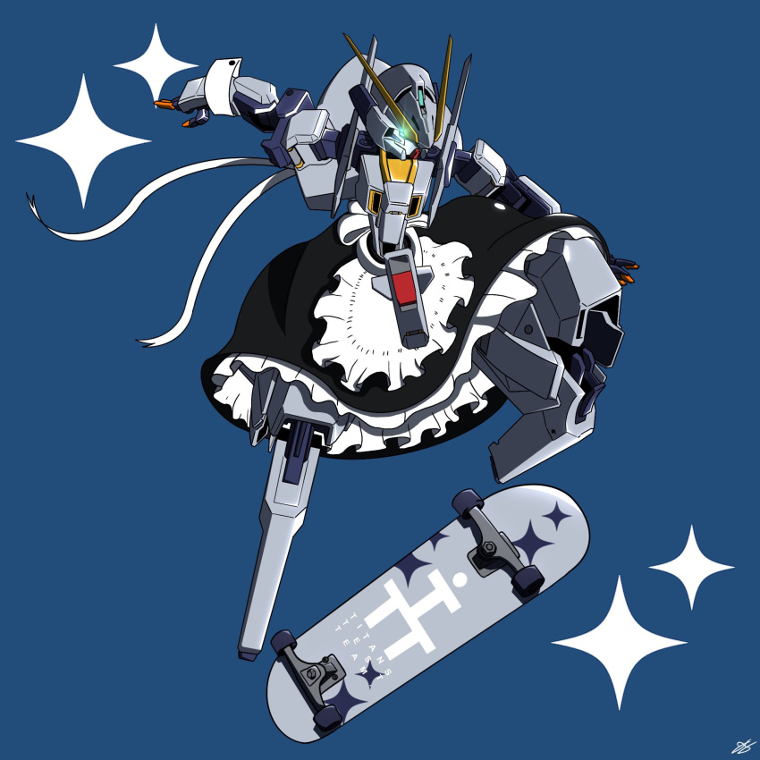 advance_of_zeta alternate_costume apron black_skirt blue_eyes clothed_robot commentary english_commentary enmaided glowing glowing_eye gundam highres maid maid_apron mecha mobile_suit no_humans outstretched_arms robot science_fiction skateboard skateboarding skirt solo tr-6_woundwort v-fin waist_apron white_apron white_wrist_cuffs wrist_cuffs zjeorno