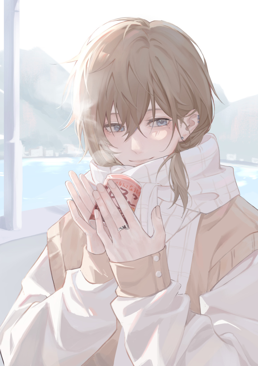 1boy absurdres bishounen brown_hair closed_mouth ear_piercing facing_viewer grey_eyes highres jacket jewelry kanae_(nijisanji) looking_to_the_side low_ponytail male_focus medium_hair mole mole_under_eye nijisanji piercing pink_sweater_vest ring scarf smile solo sweater_vest virtual_youtuber white_jacket white_scarf yuhan0518