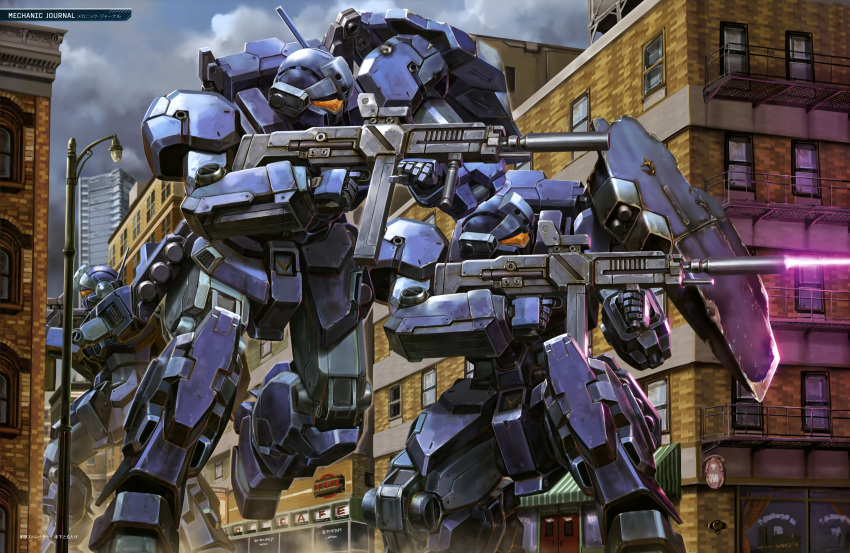 absurdres assault_visor beam_machinegun building city clouds cloudy_sky day earth_federation firing gun gundam gundam_unicorn highres holding holding_gun holding_weapon jesta kinoshita_tomotake lamppost mecha missile_pod mobile_suit no_humans one_knee outdoors radio_antenna robot running science_fiction sky standing weapon