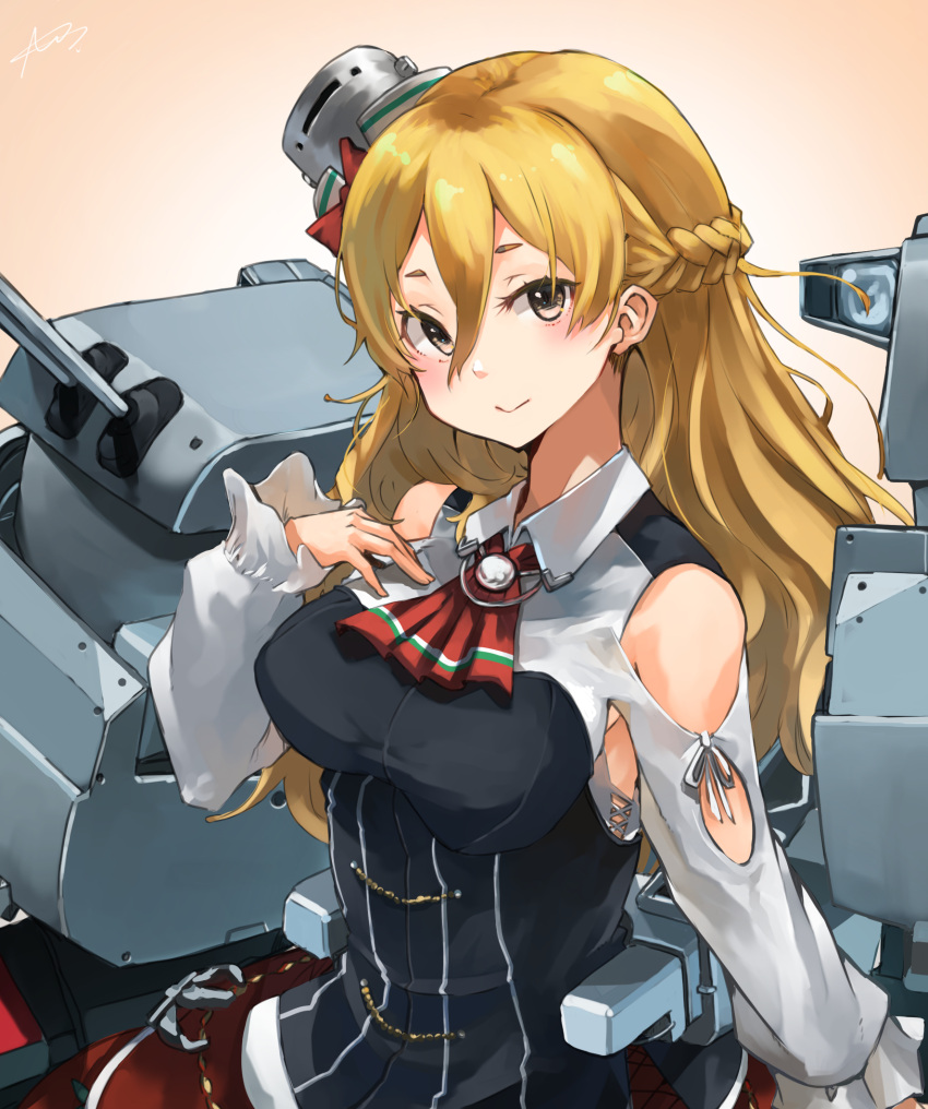 1girl adapted_turret ascot bare_shoulders blonde_hair blush braid breasts brown_eyes cannon corset french_braid hair_between_eyes hat highres kantai_collection large_breasts long_hair long_sleeves looking_at_viewer machinery mini_hat red_ascot rigging shirt skirt smile solo sunday_aki tilted_headwear turret wavy_hair white_shirt zara_(kancolle)