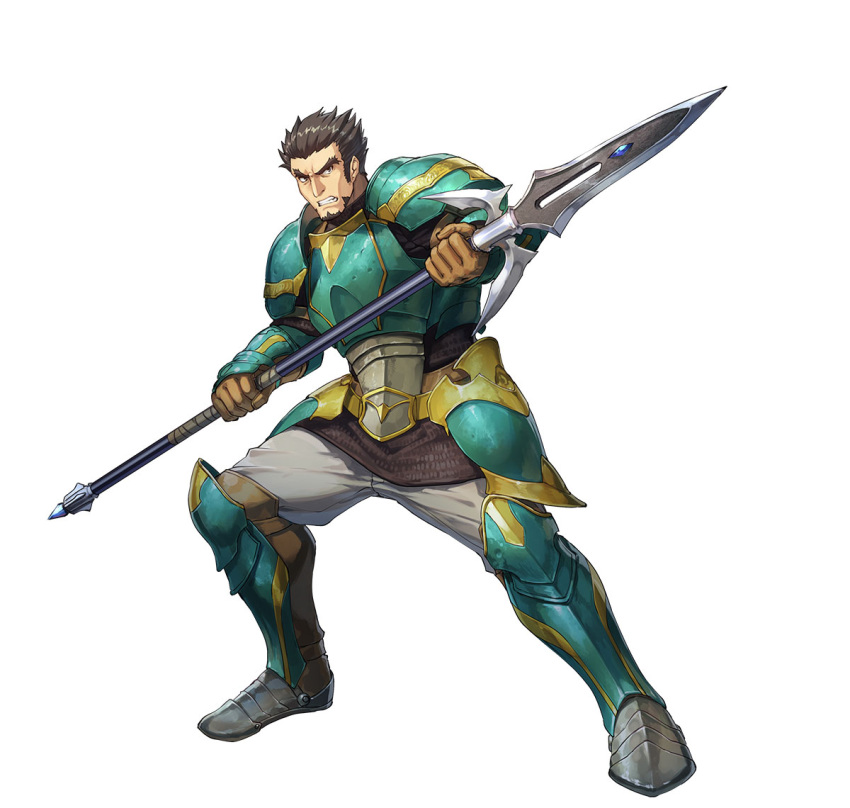 1boy armor beard black_eyes black_hair chainmail clenched_teeth dai-xt facial_hair fire_emblem fire_emblem:_the_sacred_stones fire_emblem_heroes gilliam_(fire_emblem) holding holding_polearm holding_weapon leg_armor official_art pants polearm shoulder_armor solo teeth v-shaped_eyebrows weapon white_background