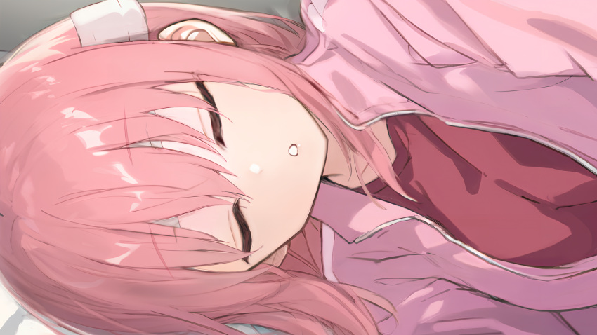 1girl ai-assisted bandaged_head bandages bocchi_the_rock! closed_eyes commentary_request gotou_hitori hair_between_eyes head_on_pillow highres jacket kadohusa_ginpo long_hair lying on_side open_clothes open_jacket open_mouth pink_hair pink_jacket red_shirt shirt sidelocks sleeping solo