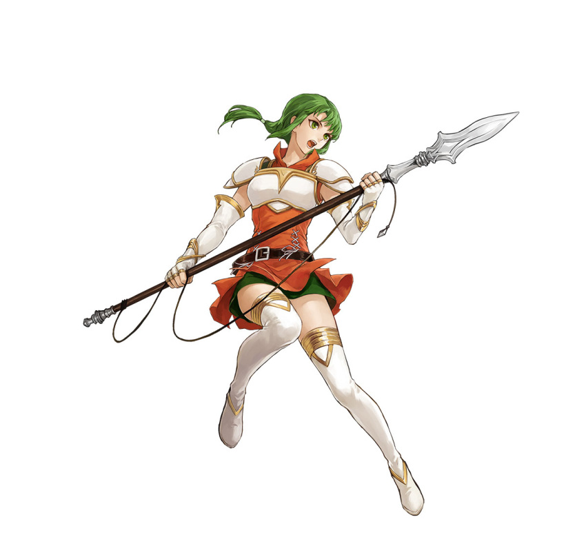 1girl armor boots braid braided_ponytail breastplate breasts dress fingerless_gloves fire_emblem fire_emblem:_the_sacred_stones fire_emblem_heroes gloves green_eyes green_hair high_heel_boots high_heels holding holding_polearm holding_weapon long_hair low_ponytail non-web_source official_art open_mouth orange_dress polearm shorts shorts_under_skirt small_breasts solo teeth thigh_boots thigh_shorts v-shaped_eyebrows vanessa_(fire_emblem) weapon white_background white_footwear white_gloves