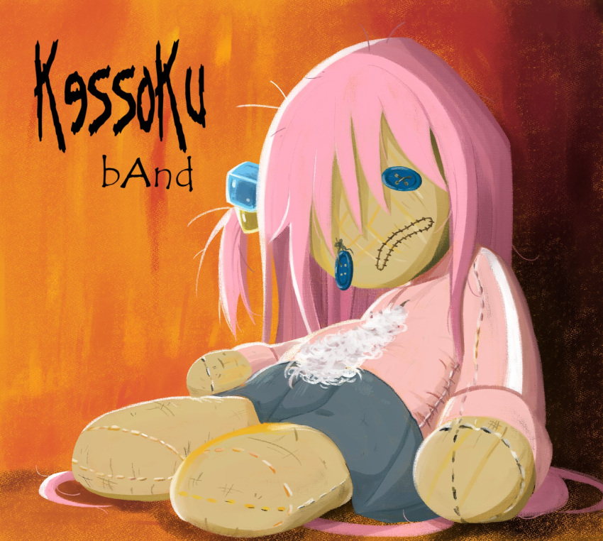 album_cover_redraw bocchi_the_rock! button_eyes buttons derivative_work english_commentary english_text fluff goldiedood gotou_hitori hair_ornament highres korn_(band) messy_hair pink_hair slouching stitches stuffed_toy