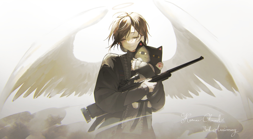 absurdres angel angel_wings anniversary black_jacket brown_hair cable_knit character_name closed_eyes closed_mouth feathered_wings grey_sweater gun halo highres holding holding_gun holding_weapon jacket kanae_(nijisanji) nijisanji roto_(kanae) smile sweater turtleneck turtleneck_sweater virtual_youtuber weapon white_background wings yukikohuang