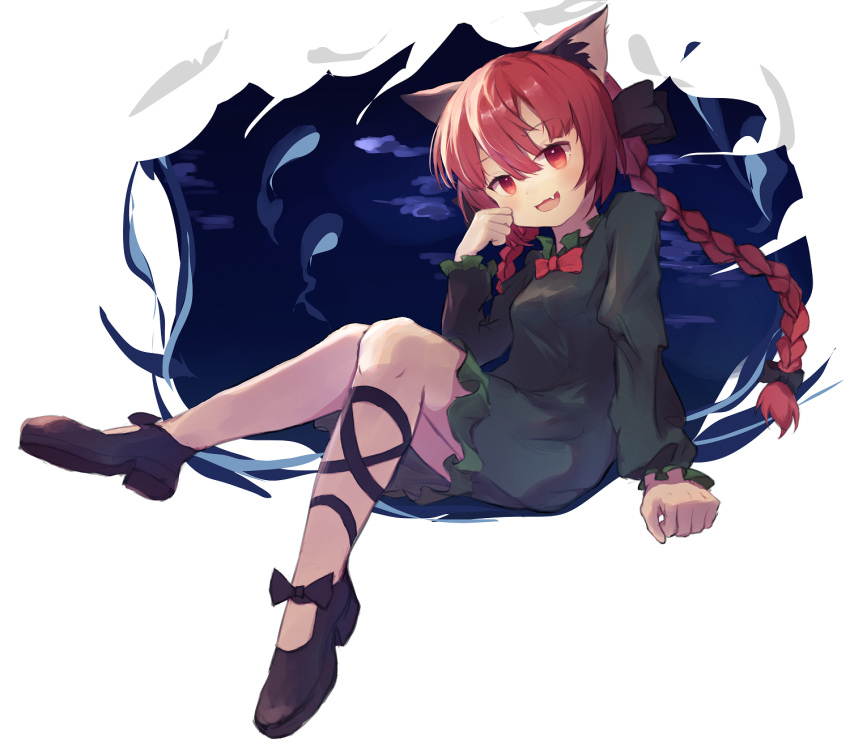 1girl animal_ears ar_(maeus) black_footwear blush bow braid cat_ears dress fang frilled_sleeves frills full_body green_dress hair_bow highres kaenbyou_rin long_hair long_sleeves open_mouth red_bow red_eyes redhead shoes smile solo touhou twin_braids