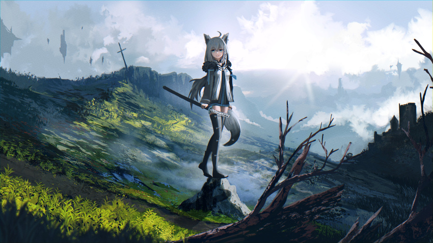 1girl absurdres advarcher ahoge animal_ear_fluff animal_ears bare_tree black_jacket blue_eyes boots building clouds commentary cross english_commentary floating_island fox_ears fox_girl fox_tail fur_trim grass highres holding holding_sheath hololive jacket long_sleeves open_clothes open_jacket rock sheath shirakami_fubuki shirt sky smile solo standing sunlight sword tail thigh_boots tree virtual_youtuber weapon white_hair zettai_ryouiki