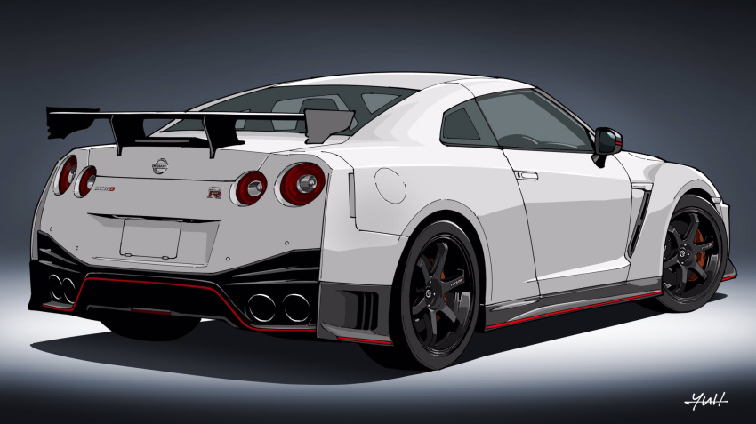 artist_name black_background car from_behind highres motor_vehicle nissan nissan_gt-r no_humans original shadow solo spoiler_(automobile) sports_car vehicle_focus yuh_7929