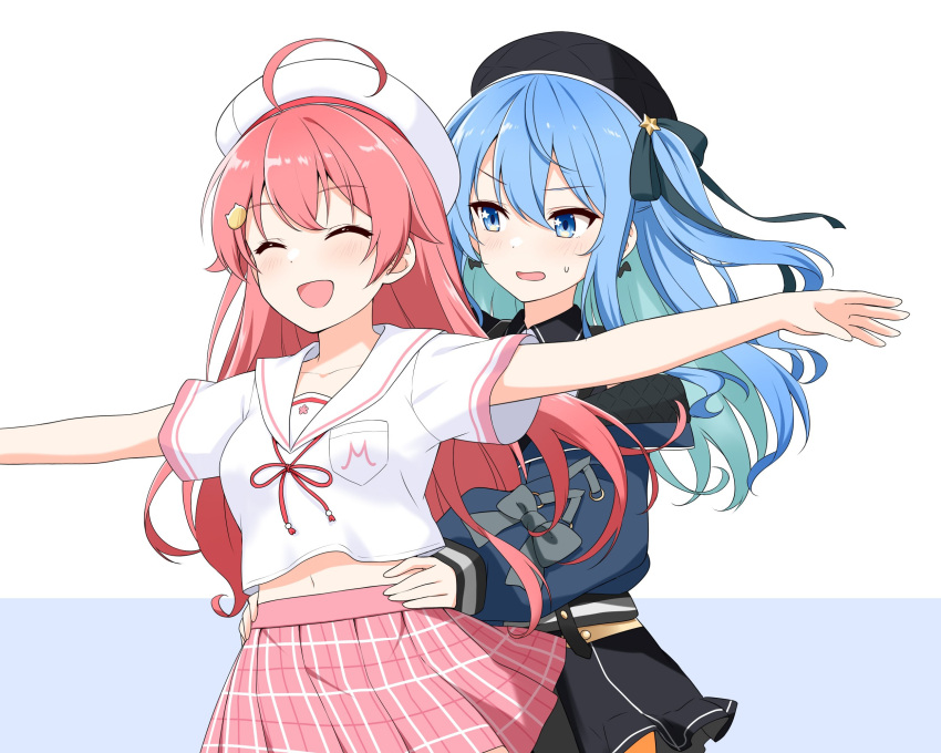 2girls ahoge alternate_costume beret black_headwear black_shirt black_skirt blue_eyes blue_hair blue_jacket blush bow bow_earrings breast_pocket breasts cat_hair_ornament closed_eyes collarbone collared_shirt colored_inner_hair dress earrings felutiahime grey_ribbon hair_ornament hand_on_hip hat highres hololive hoshimachi_suisei jacket jewelry long_sleeves medium_breasts multicolored_hair multiple_girls navel official_alternate_costume one_side_up open_mouth outstretched_arms parody pink_hair pink_ribbon pink_skirt plaid plaid_skirt pleated_skirt pocket ribbon sailor_collar sailor_dress sakura_miko scene_reference school_uniform shirt simple_background skirt spread_arms sweatdrop titanic_(movie) two-tone_background virtual_youtuber white_background white_dress white_headwear white_sailor_collar