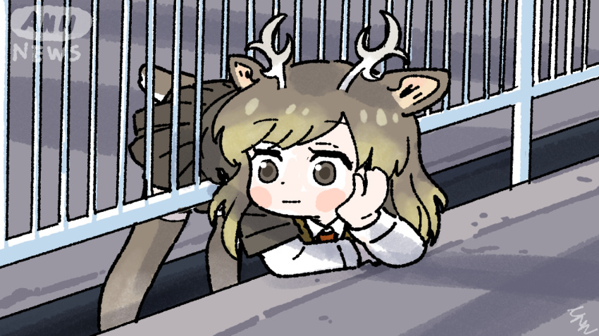 1girl :| animal_ears antlers ap_dul bad_id bad_twitter_id bent_over blush brown_eyes brown_shirt brown_skirt brown_thighhighs chibi closed_mouth commentary_request deer_ears deer_girl deer_tail elbow_rest fence hand_on_own_face hands_up kemono_friends korean_commentary layered_sleeves legs_apart long_hair long_sleeves looking_away miniskirt necktie photo-referenced pleated_skirt red_necktie shirt short_sleeves skirt solo standing stuck tail thigh-highs white_sleeves yezo_sika_deer_(kemono_friends)