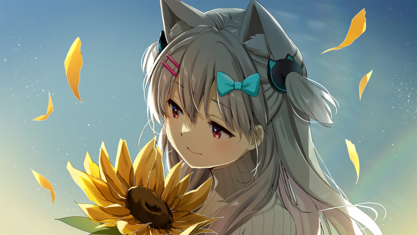 1girl animal_ear_fluff animal_ears blue_bow blue_sky bow cat_ears cat_hair_ornament day flower grey_hair hair_between_eyes hair_bow hair_ornament hairclip highres indie_virtual_youtuber long_hair looking_away natsume_eri natsume_eri_(vtuber) outdoors petals red_eyes shirt sky solo sunflower two_side_up virtual_youtuber white_shirt yellow_flower