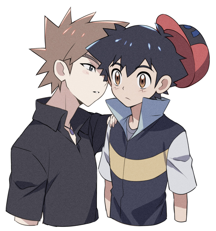 2boys ash_ketchum black_hair blush brown_eyes brown_hair closed_mouth collared_shirt commentary_request gary_oak hand_on_another's_shoulder hat highres jacket jewelry looking_at_another male_focus multiple_boys necklace parted_lips pokemon pokemon_(anime) pokemon_dppt_(anime) popped_collar red_headwear shirt short_hair short_sleeves spiky_hair tuze111 upper_body white_background