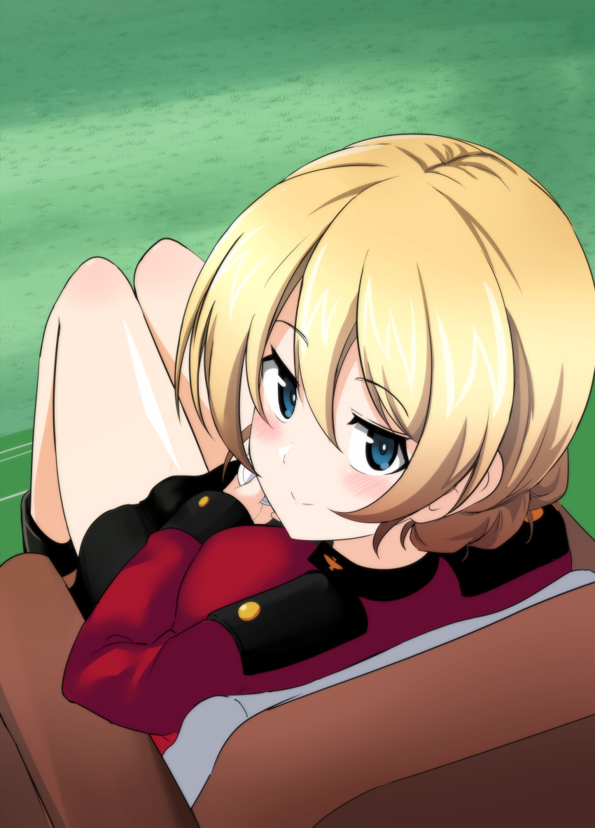 1girl absurdres aikir_(jml5160) black_footwear black_skirt blonde_hair blue_eyes blush boots braid chair closed_mouth commentary_request darjeeling_(girls_und_panzer) french_braid girls_und_panzer grass hair_between_eyes highres jacket long_sleeves looking_at_viewer military military_uniform miniskirt pleated_skirt red_jacket saucer short_hair sitting skirt smile solo st._gloriana's_military_uniform uniform