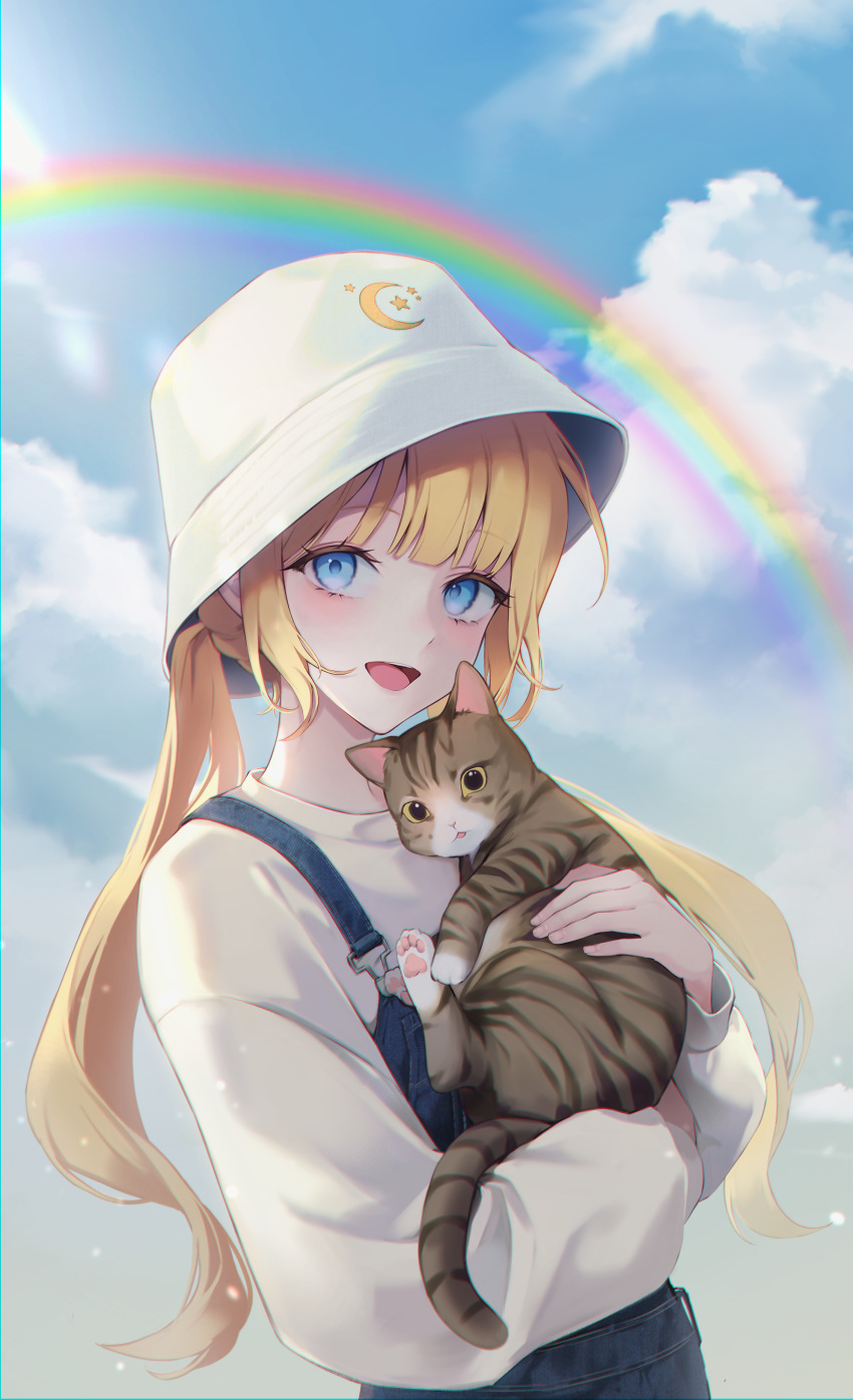1girl absurdres animal animal_hands bbony_0_0 blonde_hair blue_eyes blue_overalls blue_sky blush cat cat_tail clouds commentary commission denim hat highres holding holding_animal holding_cat long_bangs long_hair long_sleeves looking_at_viewer low_twintails open_mouth original outdoors overalls rainbow shirt sky solo sunlight tail twintails white_headwear white_shirt